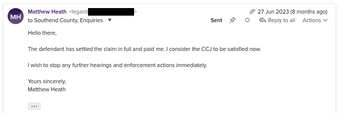 My email to the court settling the claim