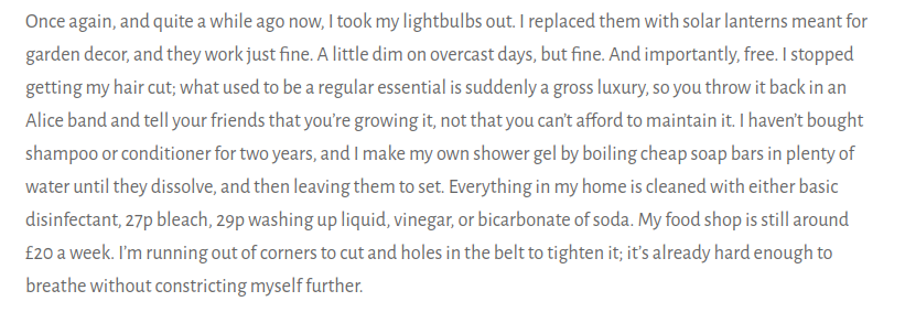 An extract from a blog post in July 2022 where she claims to be in poverty