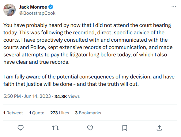 Jack’s tweet about her not attending court