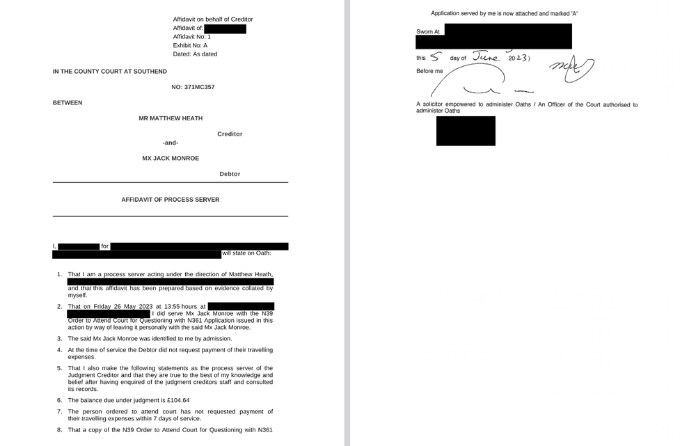 A copy of the affidavit of service