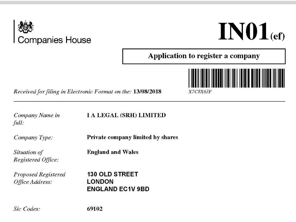The incorporation document of I A Legal (SRH) Limited listing the SIC code