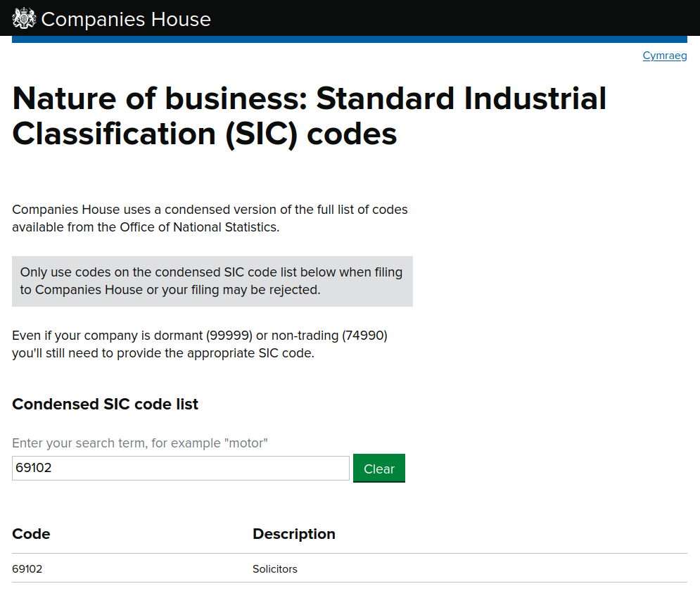 The lookup result from the Companies House SIC codes listing