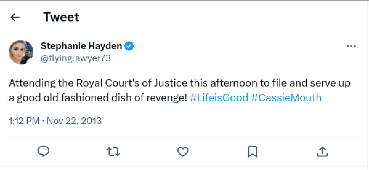 A November 2013 Tweet from Hayden about serving up “revenge” through the courts