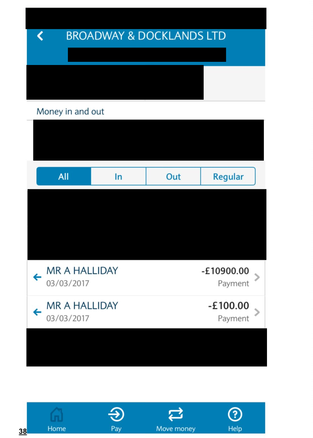 Bank statement showing money transferred to Anthony Halliday