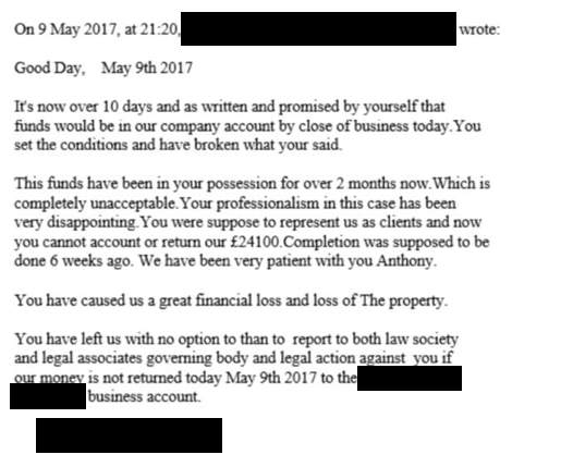 A complaint email from the client