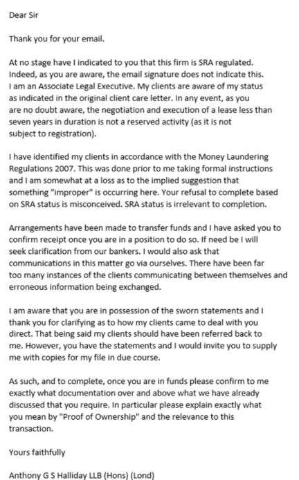 Email to the landlord’s solicitors