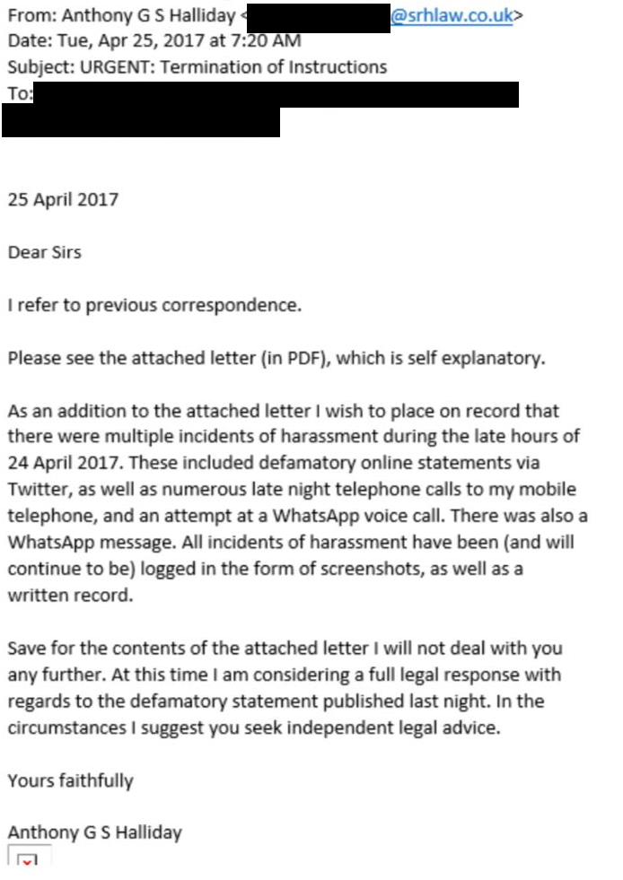 An email from Anthony Halliday alleging harassent