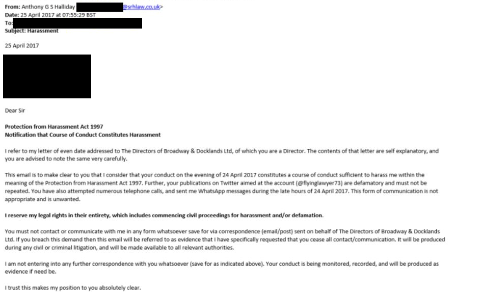 A second email from Anthony Halliday alleging harassent