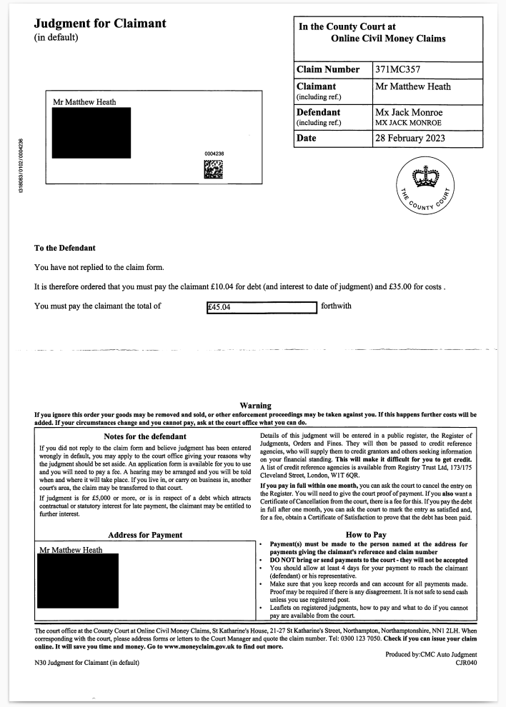 The CCJ I was awarded against Jack