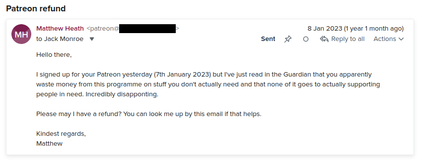 The email I sent to Jack asking for a refund