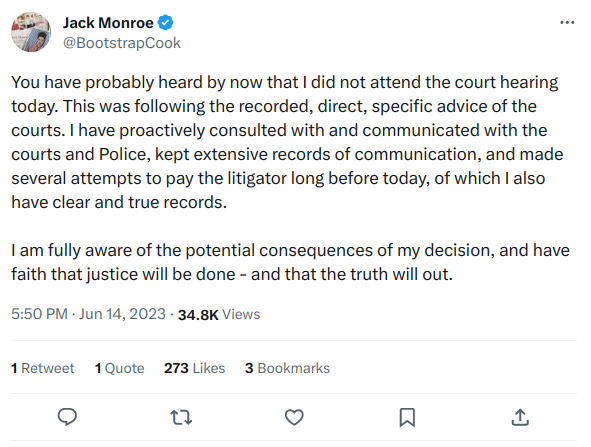 Jack's tweet about her not attending court